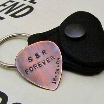 Custom Guitar Pick with Leather KeyChain Holder - Personalized Copper Hand Stamped Guitar Pick - Mens Gift. $26.00, via Etsy.